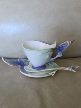 Franz Butterfly Blue White Teacup and Saucer Set Made In France